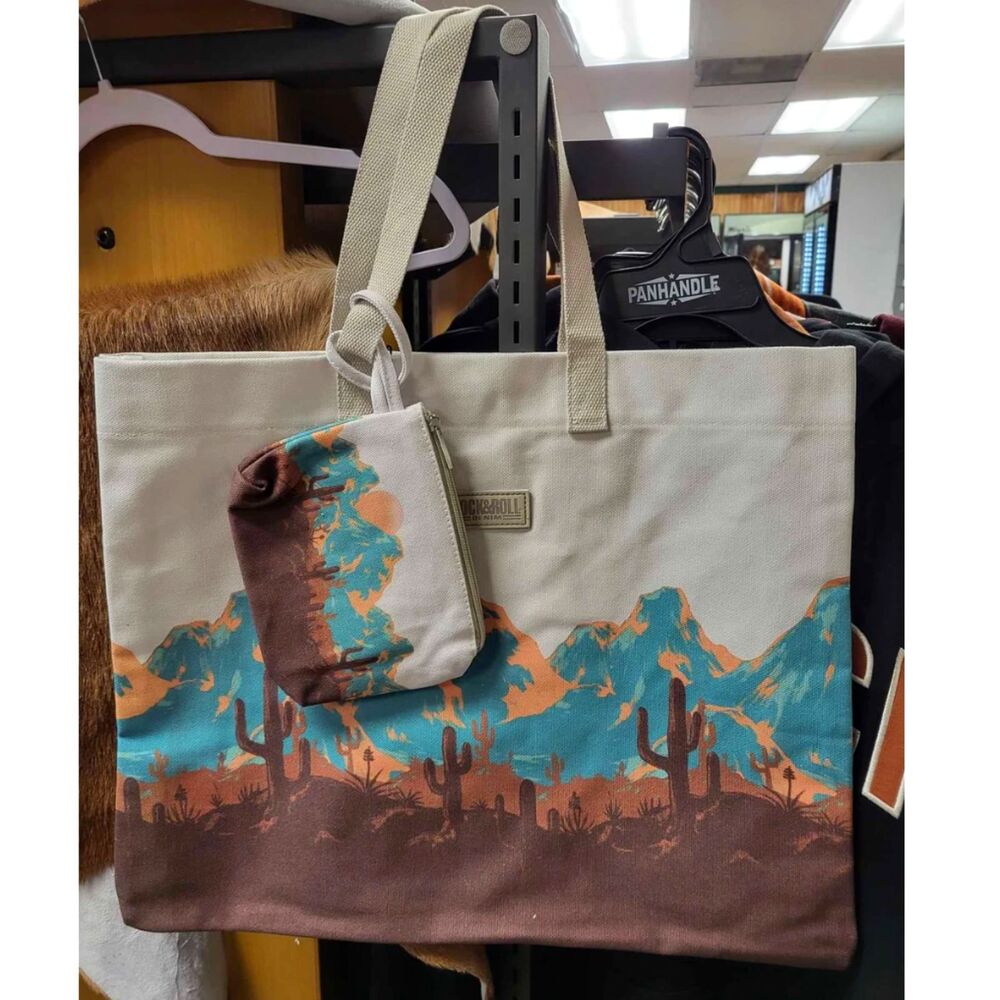 Rock & Roll Denim Desert Scene Cotton Tote Bag Western 16x20